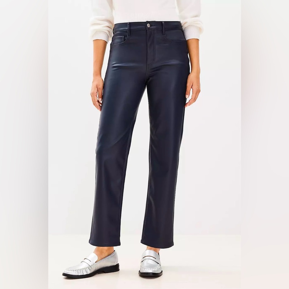 LOFT Navy Faux Leather Cropped Straight Pants